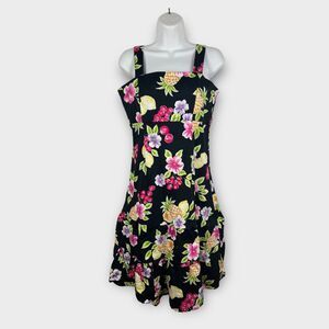 Karin Stevens Black Fruit Floral Hawaiian Sun Dress XS VTG 90s Summer Vacation